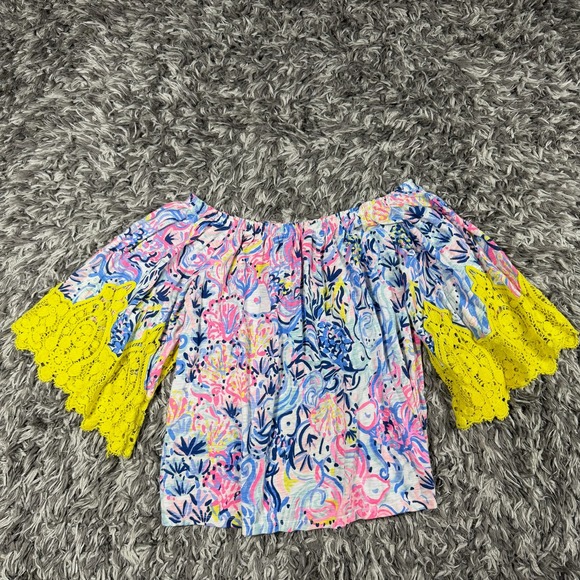 Lilly Pulitzer Tops - Lilly Pulitzer Off the Shoulder Bell Sleeve Lace Trim Floral Top Small 3223
